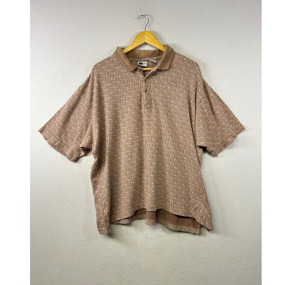 Studio Alx Mens XL Brown Geometric‎ Print Short Sleeve Button Up Polo Shirt